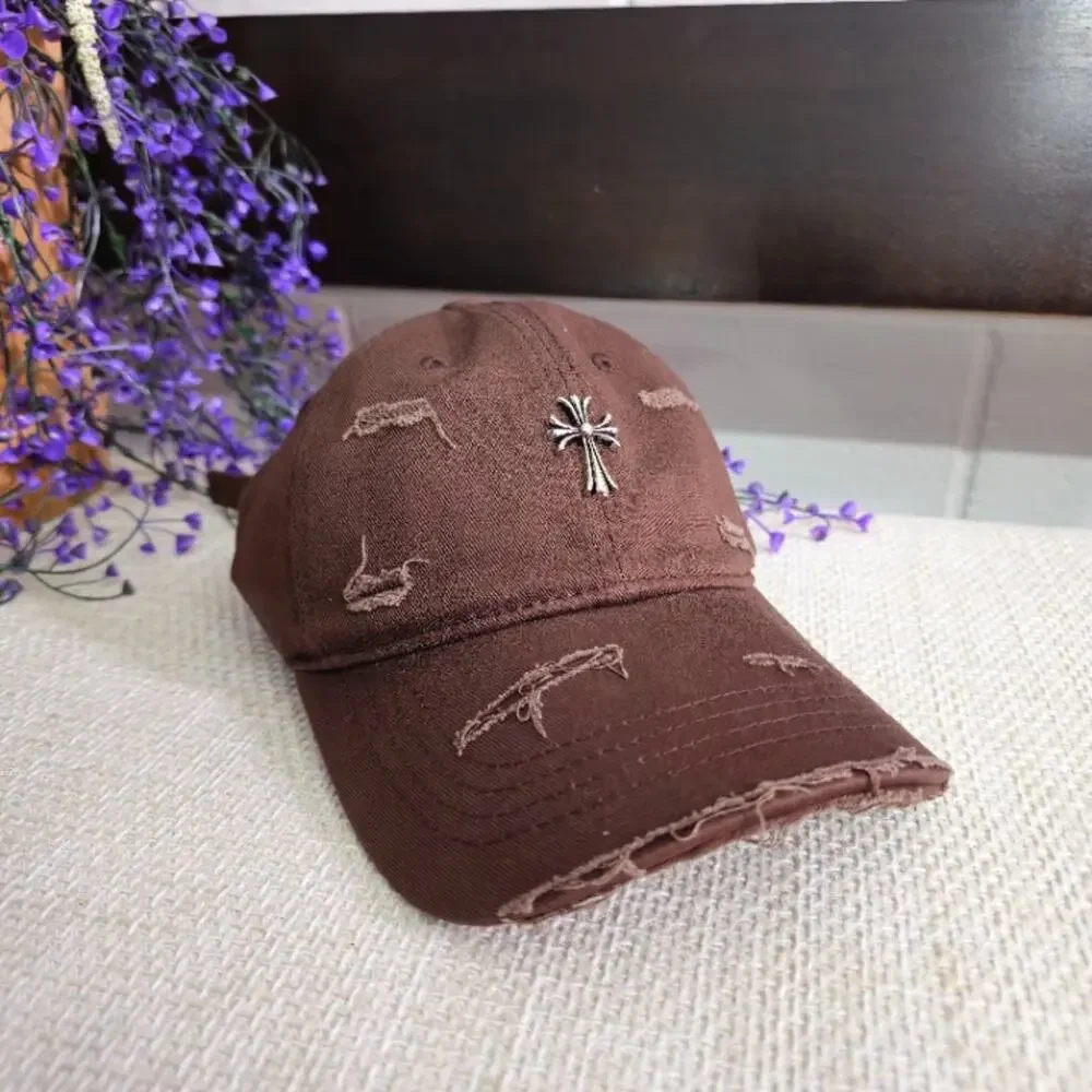 Distressed Cross Charm Dad Hat -- Brown/Silver -- OS -- Good Condition